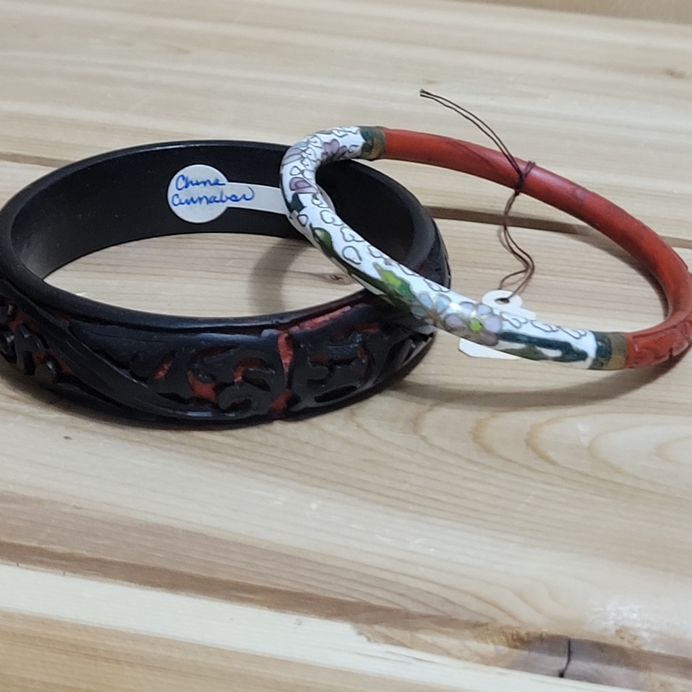 Black and Red Carved Flower Design &    Cinnabar and Cloisonne Bangle Bracelet